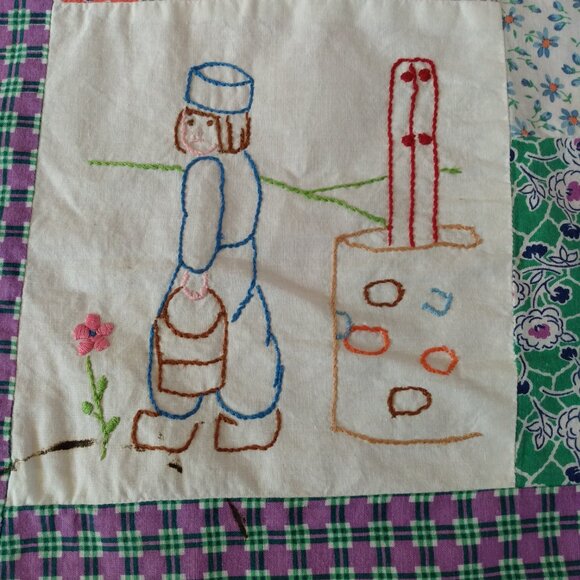 Vintage Quilt Top Unfinished Embroidered Dutch Boy Girl 42" by 48" Stained AS IS - Picture 4 of 16